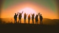 Friends share joyful moment and happiness at sunset. AI generated