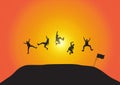 Silhouette of friends jumping over hill on golden sunrise background, happy life, winning, successful and achievement concept