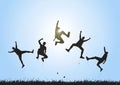 Silhouette of friends jumping over meadow on blue sky background, happy life, winning and achievement concept