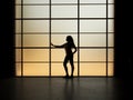 Silhouette full body image of woman standing with arm out in front of large window