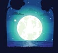 Silhouette of Moon and River Vector Illustration Royalty Free Stock Photo