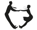 Silhouette of funny couple wearing vintage clothes dancing retro dance isolated on white background