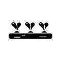 Silhouette Garden bed with three vegetables. Outline logo of agriculture, farming, harvesting. Black illustration of part of soil