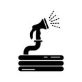 Silhouette of Garden hose with water spray. Outline icon of folded flexible rubber hose with plastic cap for irrigation. Black