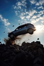 silhouette of a generic car crashing flying off a cliff. Stone cliff. Blue sky. White clouds. Car accident.