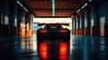Silhouette of generic sports car in dark garage, back view, pit lane setting, dramatic, cinematic lighting