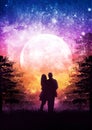 Silhouette of a gentle couple in love on a background of a cosmic sunset with a moon and stars Royalty Free Stock Photo