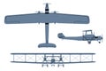 Silhouette of German Biplane Strategic Bomber (1918). Top, Side, Front View. Vintage airplane.