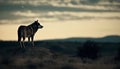 Silhouette of German Shepherd standing in grass, watching sunset generated by AI