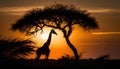 Silhouette of giraffe with acacia tree at sunset. Royalty Free Stock Photo