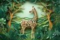 Silhouette of giraffe, landscape, paper cut style, forest, illustration, Generative AI Royalty Free Stock Photo