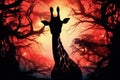 silhouette of giraffe of the tree, Forest fire created with Generative AI technology Royalty Free Stock Photo