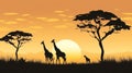 silhouette of giraffes and trees at sunset