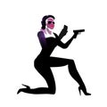 Silhouette girl in an action movie film shootout pose with a gun sit. Silhouette Woman, lady illustration of spy. Person a