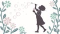 Silhouette of girl blowing bubbles in serene floral setting vector design Generative AI Royalty Free Stock Photo