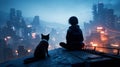 Silhouette of a girl and a cat sitting on the roof of a building at night