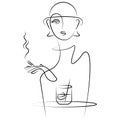 Silhouette of a girl with a cigarette and a drink at the table. Minimalism style. Design for paintings, exhibitions, logo for cafe