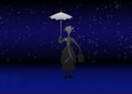 Silhouette girl floats with umbrella in his hand, Mary Poppins style, vector illustration