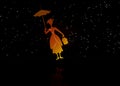 Silhouette girl floats with umbrella in his hand, Mary Poppins style, vector illustration