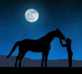 Silhouette of a girl giving a kiss horse Royalty Free Stock Photo