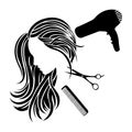 Silhouette of a girl with hair dryer scissors and comb. Design suitable for tool store logo, haircut salon, hair salon