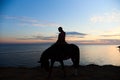 Silhouette of a girl on a horse against the background of the gentle sunset sky Royalty Free Stock Photo