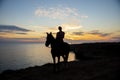 Silhouette of a girl on a horse against the background of the gentle sunset sky Royalty Free Stock Photo