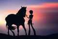 Silhouette of girl with horse at sunset Royalty Free Stock Photo