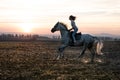 Silhouette of a girl and a horse at sunset, rushing over the field Royalty Free Stock Photo