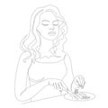 Silhouette of a girl. Lady eats with fork and knife in modern single line style. Continuous line drawing, decor outline