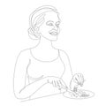 Silhouette of a girl. Lady eats with fork and knife in modern single line style. Continuous line drawing, decor outline
