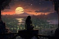 Silhouette of a girl looking at a huge futuristic shining city at night. Cyberpunk. Skyscrapers and high-rise buildings