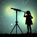 Silhouette of girl looking through a telescope