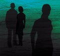 Silhouette of a girl and a man and a woman on a blue and green textured background. Contrast. Family conflict. Treason