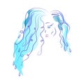 Silhouette of a girl. Multi Colored graphics. Beautiful young girl with blue hair. Abstract image. Element of water. Sketch.