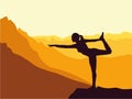 Silhouette of girl practicing yoga. Mountains in the background. Sunrise, yoga sun salutation.