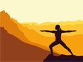 Silhouette of girl practicing yoga. Mountains in the background. Sunrise, yoga sun salutation.