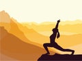 Silhouette of girl practising yoga. Mountains in the background. Sunrise, yoga sun salutation.