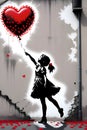 Silhouette of a girl with red heart balloon, with love sign, falling red rose flower petals, love scene, romantic, banksy art Royalty Free Stock Photo