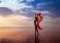 Silhouette of a girl in a red swimsuit on the beach. Red tissue develops in her hands Royalty Free Stock Photo