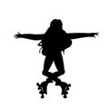 Silhouette of girl on roller skates. Girl make a stunt. Vector black and white illustration. Cutout isolated object.