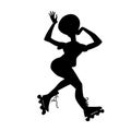 Silhouette of girl on roller skates. Girl make a stunt. Vector black and white illustration. Cutout isolated object.