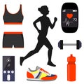 Silhouette of a girl running and Jogging attributes. Smart watch, a sports bra and shorts, bottle, sneakers, dumbbell. Royalty Free Stock Photo