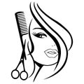 Silhouette of a girl with scissors and a comb. Logo concept for buyer shop, hairdresser. The design is suitable for decor, tattoos Royalty Free Stock Photo