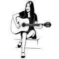 Silhouette of girl singing and playing on acoustic guitar. Black and white stencil vector clipart. Royalty Free Stock Photo
