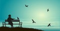 Silhouette of girl sitting on the bench near the sea with sun-rise and feed the sea gulls, shadows, memories, Royalty Free Stock Photo