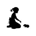 Silhouette girl sitting knees beckon guinea pig Royalty Free Stock Photo