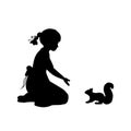 Silhouette girl sitting knees beckon squirrel Royalty Free Stock Photo