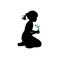 Silhouette girl sitting knees plant sprout Royalty Free Stock Photo