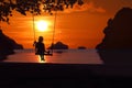 Silhouette of a girl sitting on a swing or cradle on the beach at sunset Royalty Free Stock Photo